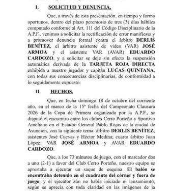 Cerro presentó ante la APF protesta por expulsión de Lucas Quintana